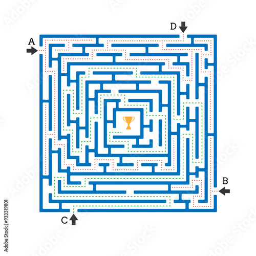 Maze. A design element for logical thinking with four inputs. One entrance leads to the center, three entrances lead to a dead end