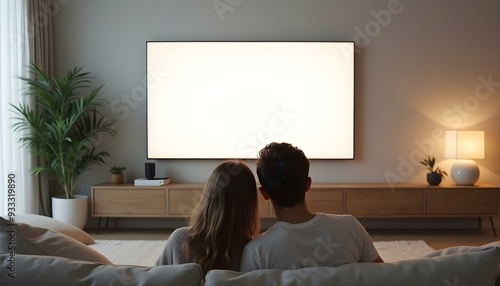 Two man watching TV concept, Young couple is watching TV with a blank white screen in a minimalist living room, Family watching TV, Two man watching TV concept, Watching TV in living room