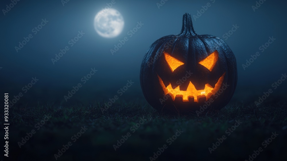 Spooky Pumpkin Werewolf Howling at Full Moon on Foggy Hilltop - Halloween Concept with Copy Space Spooky Pumpkin Werewolf Howling at Full Moon on Foggy Hilltop - Halloween Concept with Copy Space