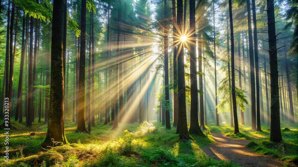 Naklejka premium Dense forest with rays of sunlight filtering through the trees, nature, forest, sun, sunlight, trees, greenery, foliage