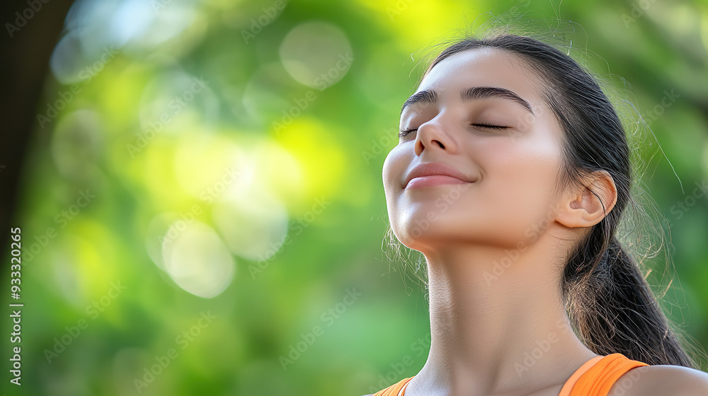 Smiling young woman in workout clothes absorbing the sunlight in a summer park, her eyes closed and head tilted upward. An ultra-detailed 4K close-up capturing the tranquility of outdoor yoga or joggi Smiling young woman in workout clothes absorbing the sunlight in a summer park, her eyes closed and head tilted upward. An ultra-detailed 4K close-up capturing the tranquility of outdoor yoga or joggi