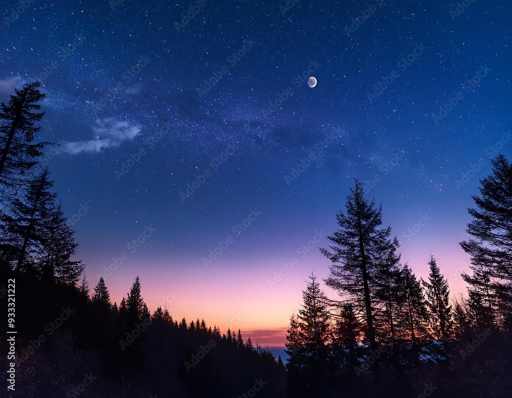 Fototapeta premium The sky is a dusky blend of pink, purple, and blue, with stars and a crescent moon softly glowing.
