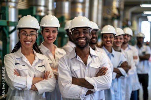 Multiethnic team in white helmets, smiling in industrial factory, arms crossed, symbolizing unity.