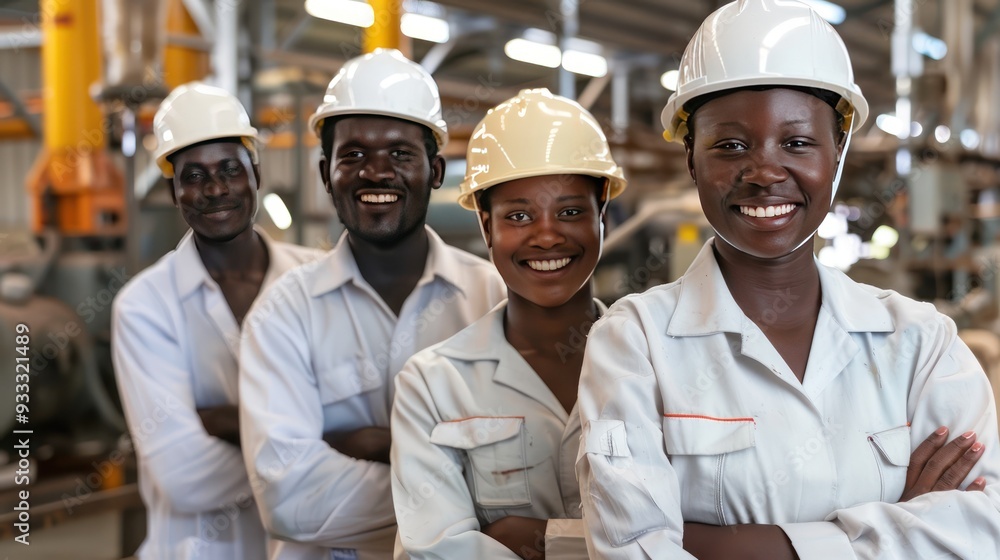 Multiethnic team in white helmets, smiling, arms crossed in industrial factory, showing team unity. Multiethnic team in white helmets, smiling, arms crossed in industrial factory, showing team unity.