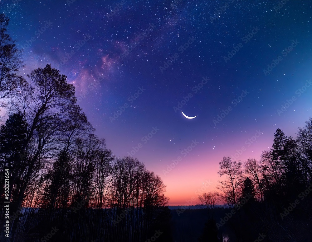 The sky is a dusky blend of pink, purple, and blue, with stars and a crescent moon softly glowing. The sky is a dusky blend of pink, purple, and blue, with stars and a crescent moon softly glowing.