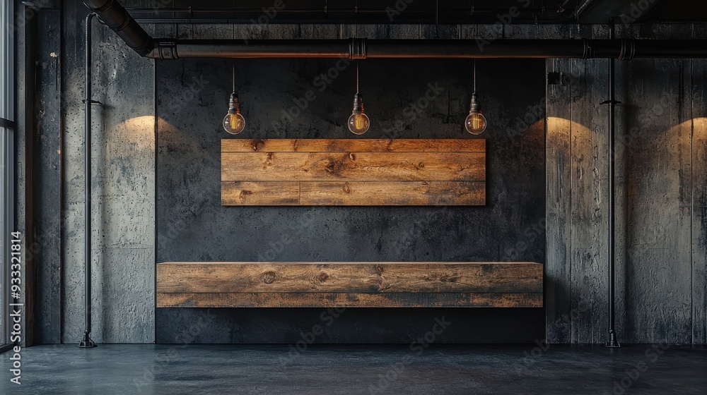 Worn Wood and Iron Display, Modern industrial aesthetic featuring a weathered wooden podium framed by black iron pipes, showcased in a dimly lit warehouse environment. Worn Wood and Iron Display, Modern industrial aesthetic featuring a weathered wooden podium framed by black iron pipes, showcased in a dimly lit warehouse environment.