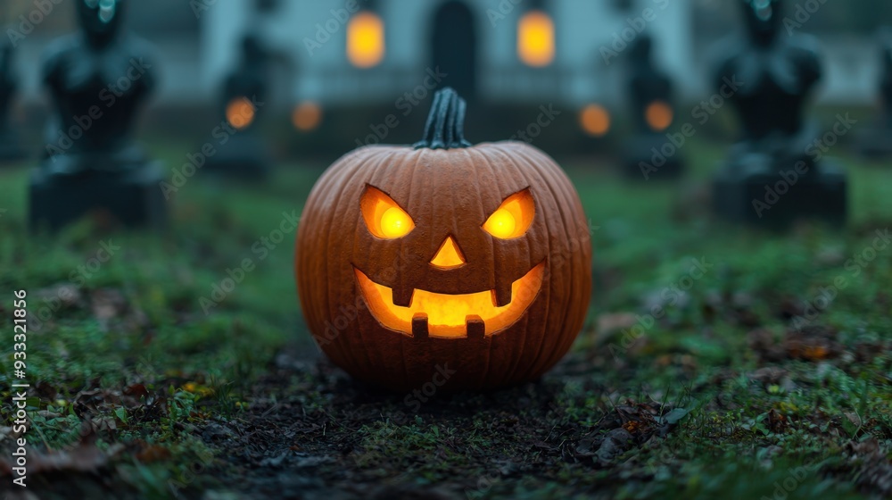 Spooky Pumpkin Strolling in Haunted Garden with Eerie Statues and Glowing Eyes - Halloween Concept with Copy Space Spooky Pumpkin Strolling in Haunted Garden with Eerie Statues and Glowing Eyes - Halloween Concept with Copy Space