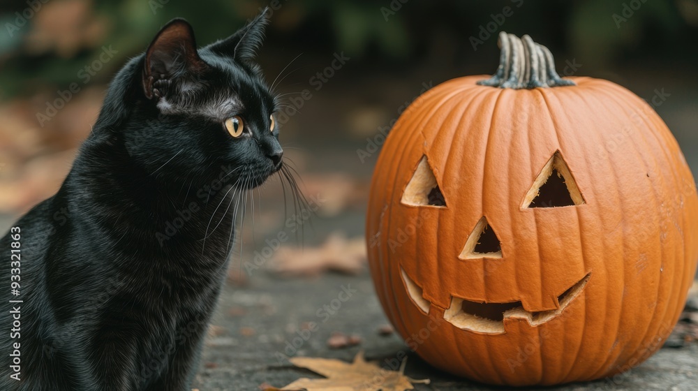 Spooky Halloween Night Encounter - Pumpkin and Black Cat Crossing Paths with Copy Space, Ultra HD Spooky Halloween Night Encounter - Pumpkin and Black Cat Crossing Paths with Copy Space, Ultra HD