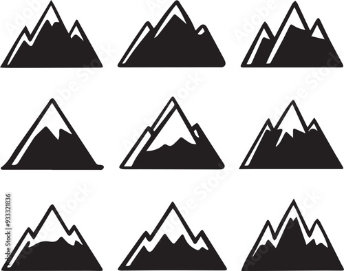 a ser of mountain differents shape black and white background silhouette 