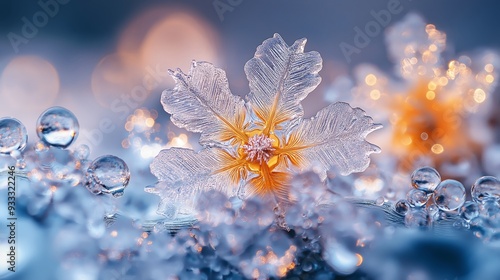 macro close up of snow flake with bokeh light, winter snow fall background photo