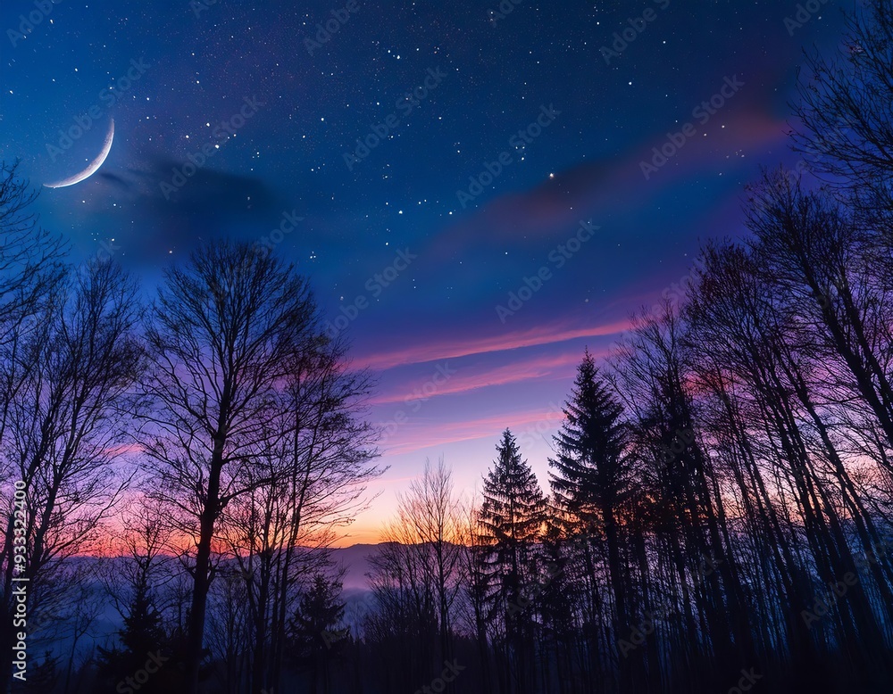 Naklejka premium The sky is a dusky blend of pink, purple, and blue, with stars and a crescent moon softly glowing.