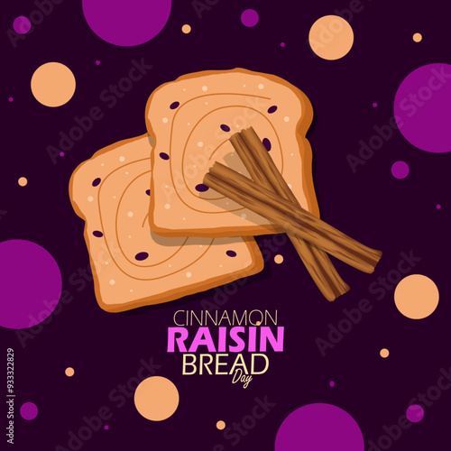 National Cinnamon Raisin Bread Day event food banner. Two slices of cinnamon raisin bread with two cinnamon sticks on a dark purple background to celebrate on September 16th
