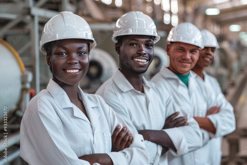Multiethnic workers in white helmets, smiling, arms crossed, factory setting, showing unity. Multiethnic workers in white helmets, smiling, arms crossed, factory setting, showing unity.