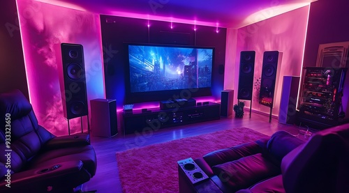 Home Theater Room with Pink and Blue Lighting, Large Screen, and Recliners photo