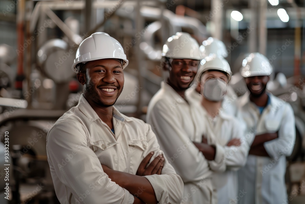 Multiethnic workers in white helmets, smiling, arms crossed, factory setting, showing unity. Multiethnic workers in white helmets, smiling, arms crossed, factory setting, showing unity.