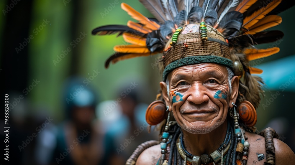 Yanomami tribe members in traditional attire with unique headdresses and body art Yanomami tribe members in traditional attire with unique headdresses and body art
