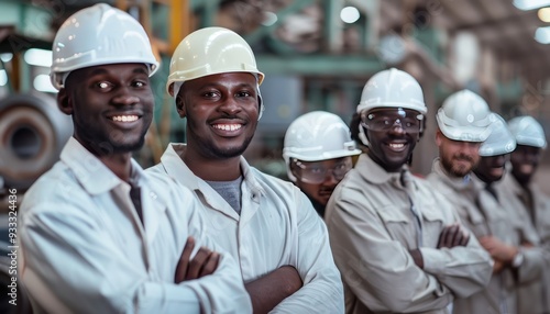 Multiethnic workers in white helmets, smiling, arms crossed in factory, showing team unity.