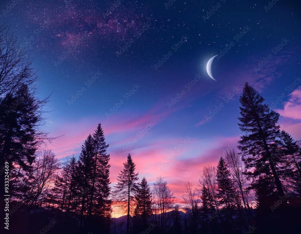 The sky is a dusky blend of pink, purple, and blue, with stars and a crescent moon softly glowing. The sky is a dusky blend of pink, purple, and blue, with stars and a crescent moon softly glowing.