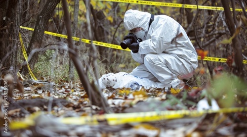 Forensic Investigator Documenting Crime Scene in Woods