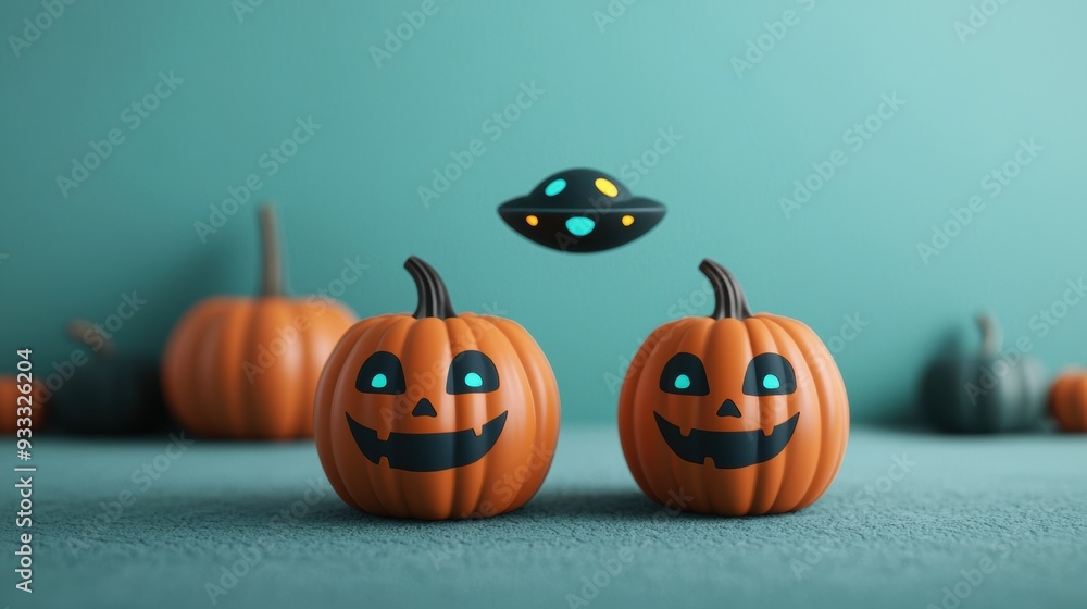 Spooky Pumpkin Aliens Under UFO Lights in Colorful Halloween Night - Whimsical Design with Copy Space for Text Spooky Pumpkin Aliens Under UFO Lights in Colorful Halloween Night - Whimsical Design with Copy Space for Text