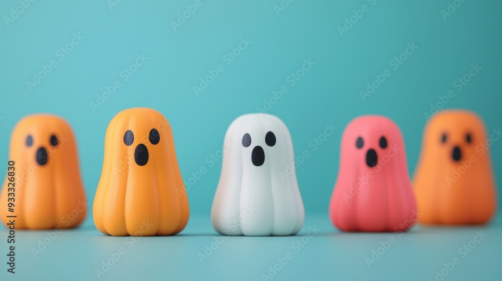 Spooky Fun Halloween Scene with Colorful Pumpkin Ghosts in Style, Copy Space for Text, Spooky Fun Halloween Scene with Colorful Pumpkin Ghosts in Style, Copy Space for Text,