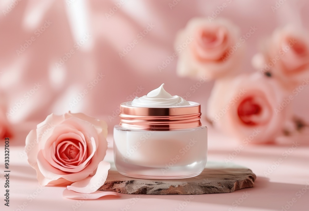 Rose-infused skincare cream nestled on a wooden surface with delicate pink roses in soft focus, evoking luxury and tranquility in a serene setting. Rose-infused skincare cream nestled on a wooden surface with delicate pink roses in soft focus, evoking luxury and tranquility in a serene setting.