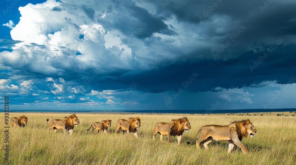 A pride of lions coordinating a hunt, working as a transport company in the savannah with thunderclouds gathering above A pride of lions coordinating a hunt, working as a transport company in the savannah with thunderclouds gathering above