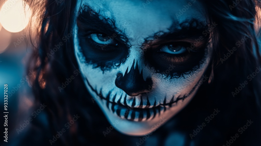 Naklejka premium Close-up portrait of a woman with spooky skull makeup, looking directly at the camera.