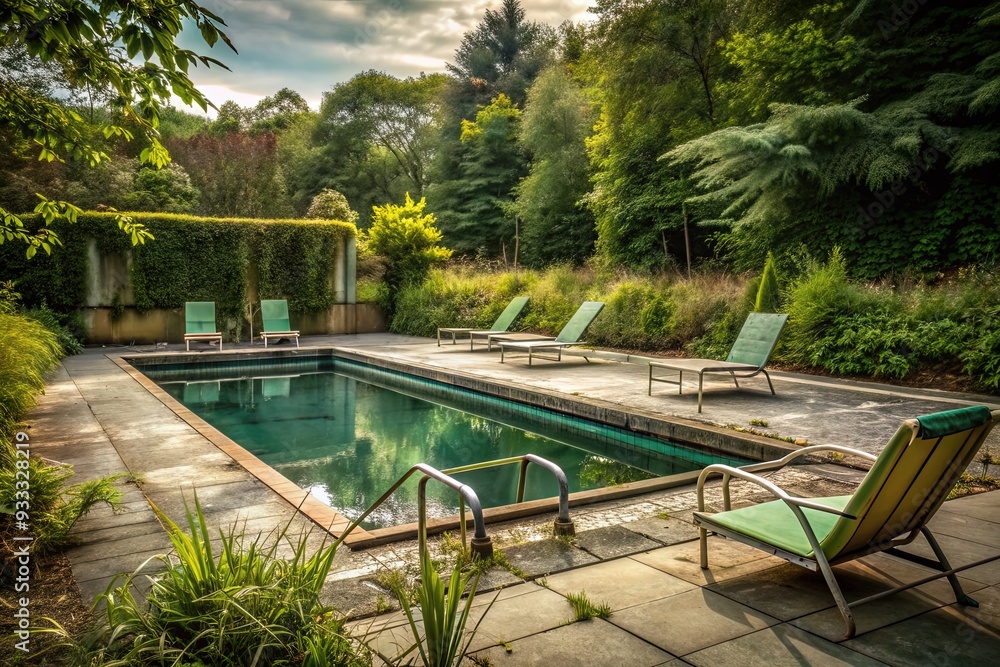 A dimly lit, deserted, and locked swimming pool area with a A dimly lit, deserted, and locked swimming pool area with a
