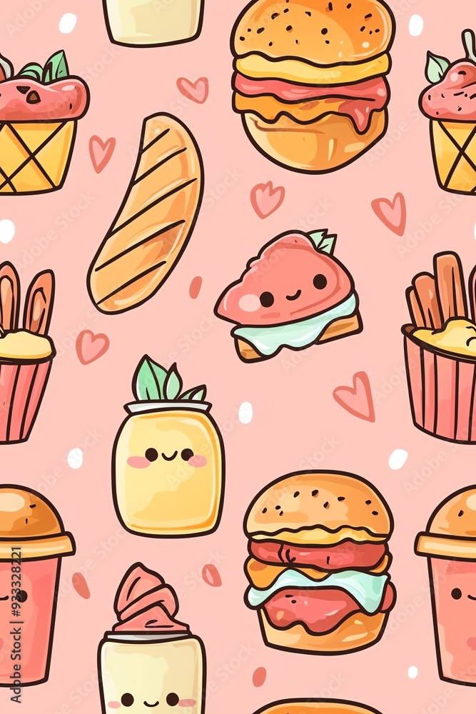 Cute seamless pattern with hand drawn sweet treats on pink background Cute seamless pattern with hand drawn sweet treats on pink background