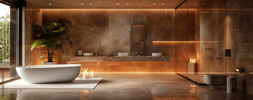 A spacious bathroom features a freestanding tub, stylish sinks, and warm ambient lighting, creating a relaxing atmosphere with nature visible through large windows. A spacious bathroom features a freestanding tub, stylish sinks, and warm ambient lighting, creating a relaxing atmosphere with nature visible through large windows.