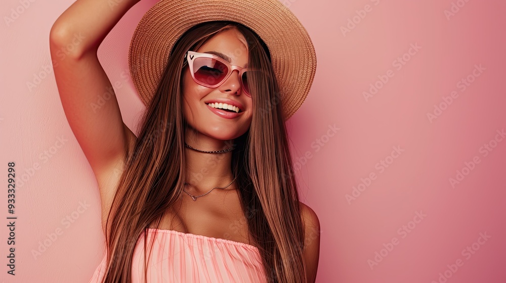 Smiling Woman in Summer Hat and Sunglasses Smiling Woman in Summer Hat and Sunglasses