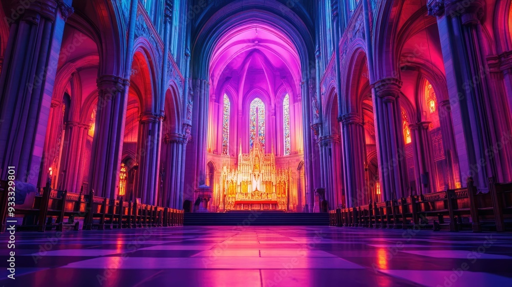 Empty cathedral interior lit with pink and purple light. Empty cathedral interior lit with pink and purple light.
