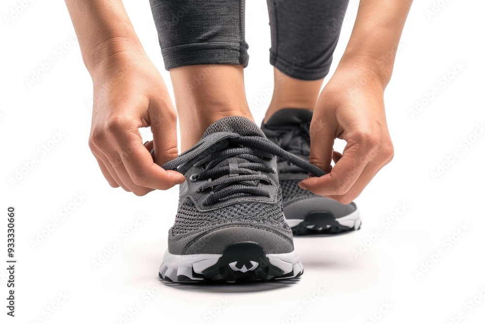 Φωτογραφία Close-up of hands tying shoelaces on a pair of running shoes, great for fitness