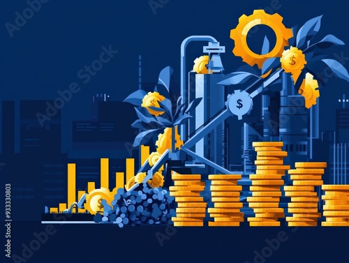 Manufacturing growth through investment, capital infusion in production, flat design illustration