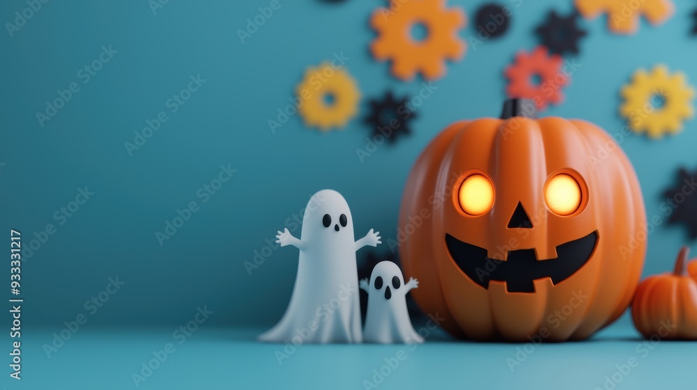 Fototapeta premium Enchanting Cartoon Pumpkin Robot with Ghostly Helpers and Colorful Gears in