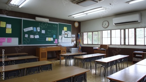 Empty classroom with wooden desks and chairs, a chalkboard covered in notes, a window overlooking a green lawn, and an air conditioner mounted on the wall.