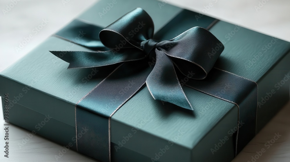 elegant emerald green gift box with shimmering satin ribbon bow casting soft shadow on pristine white surface elegant emerald green gift box with shimmering satin ribbon bow casting soft shadow on pristine white surface