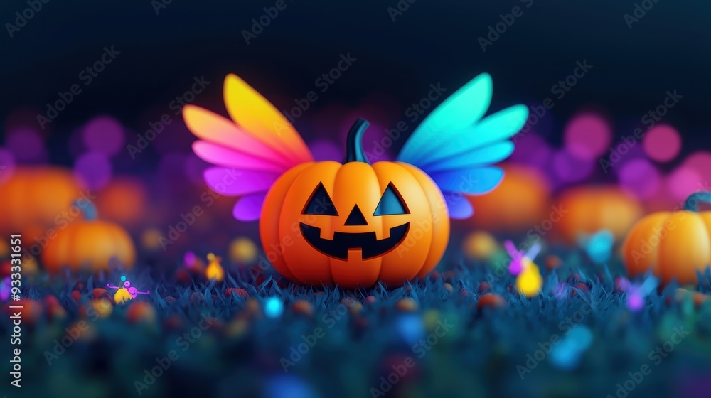 Enchanting Cartoon Pumpkin with Colorful Wings Soaring over a Glowing Pumpkin Patch, Whimsical Spirits, Fantasy Halloween Concept, Quality for Text Overlay Enchanting Cartoon Pumpkin with Colorful Wings Soaring over a Glowing Pumpkin Patch, Whimsical Spirits, Fantasy Halloween Concept, Quality for Text Overlay