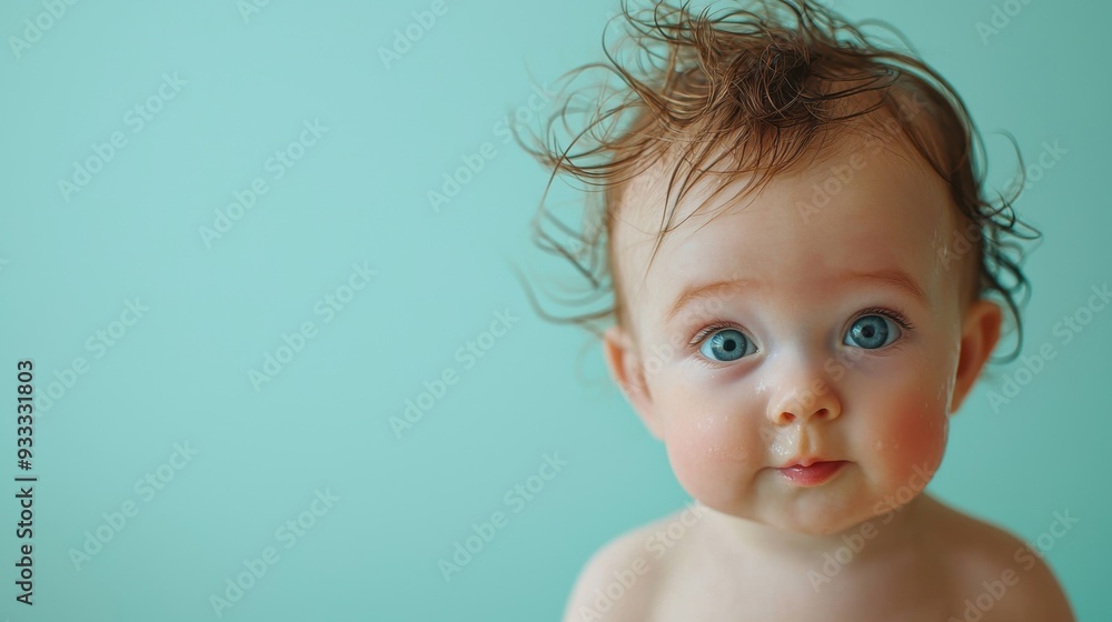 Rejuvenating Hair Care Serum, a joyful baby with a tiny tuft of hair exuding freshness, set against a soft pale mint backdrop, inviting a sense of renewal and vitality Rejuvenating Hair Care Serum, a joyful baby with a tiny tuft of hair exuding freshness, set against a soft pale mint backdrop, inviting a sense of renewal and vitality