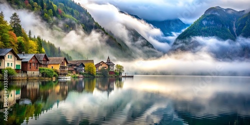 Misty mountain lake reflection with houses on shore , foggy, morning, serene, beauty, tranquil, water, hills, houses, shore