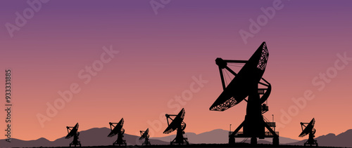 Vektor Silhouette - Radioteleskop mit Parabolspiegel beim Überwachen von Signalen und Radiofrequenzen im Weltall - Wissenschaft und Astronomie