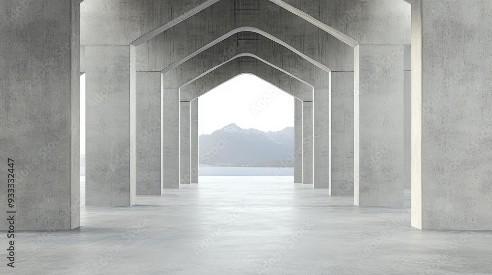 Empty concrete corridor with a view of mountains and sea. Empty concrete corridor with a view of mountains and sea.