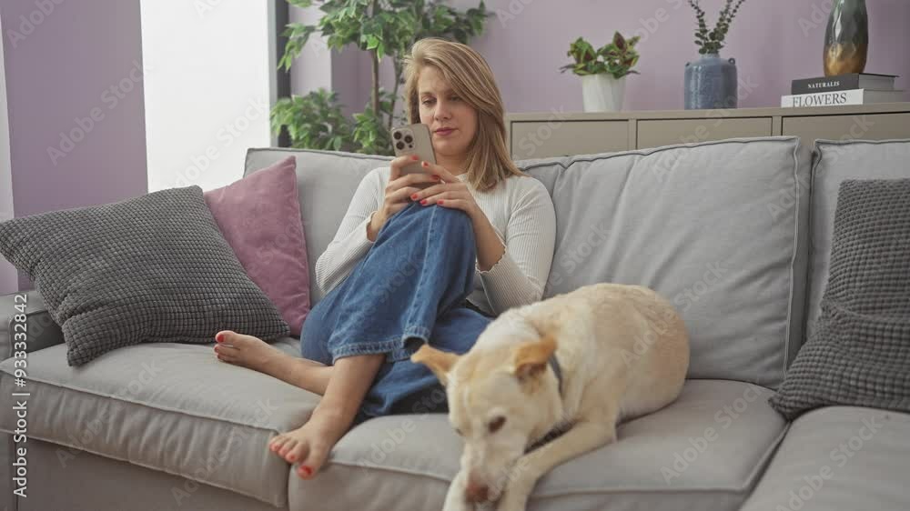 A young woman in casual clothing comfortably uses her smartphone on a couch with a sleeping dog in a cozy living room. A young woman in casual clothing comfortably uses her smartphone on a couch with a sleeping dog in a cozy living room.