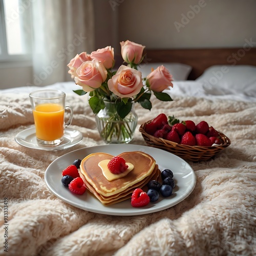 Cozy breakfast with heart pancake, berries, and rose Illustration photo