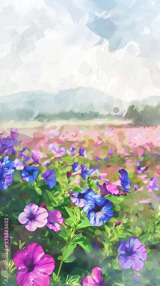 Fototapeta premium A vibrant field of colorful flowers under a bright sky, showcasing nature's beauty and tranquility in a picturesque landscape.