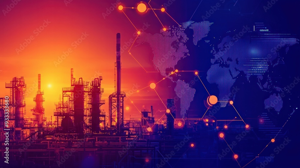 Obraz premium Techenabled globalization in industry, digital tools connecting global factories, flat design illustration