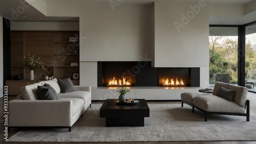 minimalist modern living room featuring a wall-mounted fireplace