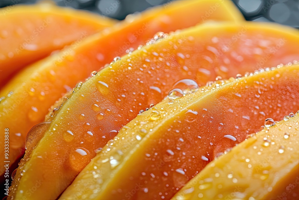 Close up Papaya Slices and Water Droplets Close up Papaya Slices and Water Droplets