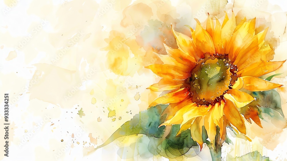 A vibrant watercolor painting of a sunflower displaying rich yellow petals against a soft, blended background. A vibrant watercolor painting of a sunflower displaying rich yellow petals against a soft, blended background.